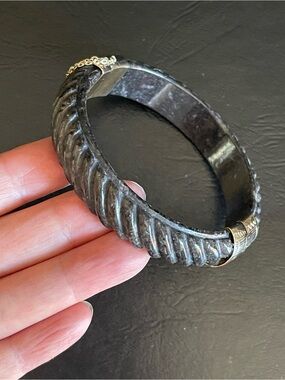 Gold over 925 silver genuine carved black Jadeite jade bangle bracelet.